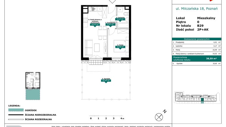 Rzut - Mieszkanie na sprzedaż 2 pokoje o powierzchni 38,59 m² - numer B29 w Milczańska 18