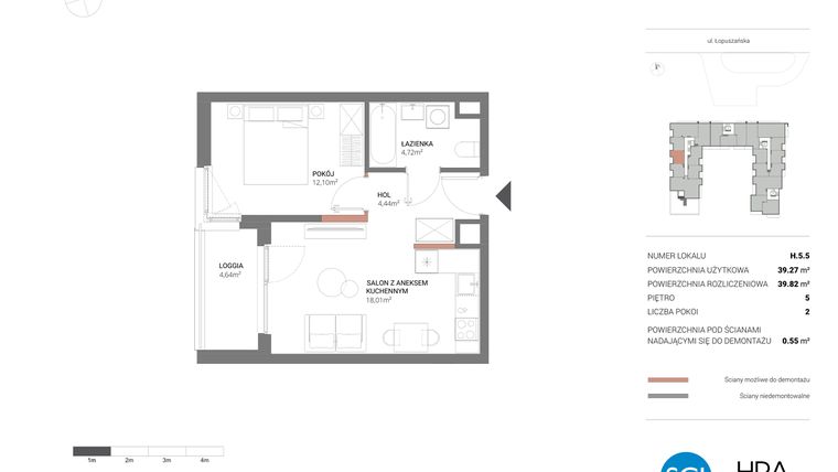 Rzut - Mieszkanie na sprzedaż 2 pokoje o powierzchni 39,82 m² - numer H.5.5 w Łopuszańska 47 - etap 3