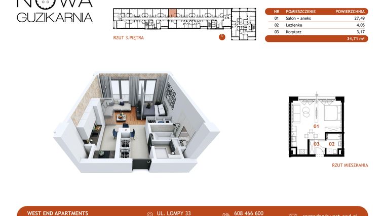 Rzut - Mieszkanie na sprzedaż 1 pokój o powierzchni 34,71 m² - numer B1.3.79 w Nowa Guzikarnia
