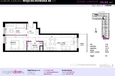 Rzut - Mieszkanie na sprzedaż 3 pokoje o powierzchni 54,04 m² - numer 17 w Wojciechowska Square