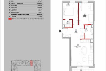 Rzut - Mieszkanie na sprzedaż 3 pokoje o powierzchni 63,51 m² - numer P9.03.1.74 w Osiedle Poematu II