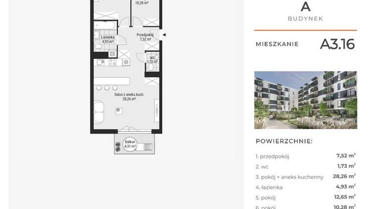 Rzut - Mieszkanie na sprzedaż 3 pokoje o powierzchni 65,49 m² - numer A3.16 w Enklawa Bukowa