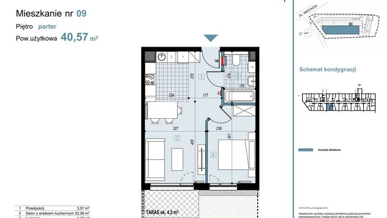 Rzut - Mieszkanie na sprzedaż 2 pokoje o powierzchni 40,57 m² - numer 9 w Medyków 32