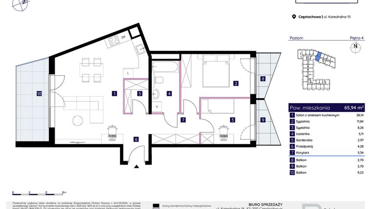 Rzut - Mieszkanie na sprzedaż 3 pokoje o powierzchni 65,94 m² - numer 15/24 w Osiedle Neonowe