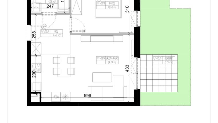 Rzut - Mieszkanie na sprzedaż 2 pokoje o powierzchni 48,59 m² - numer 1.2 w Ogrody Wiślane etap VI