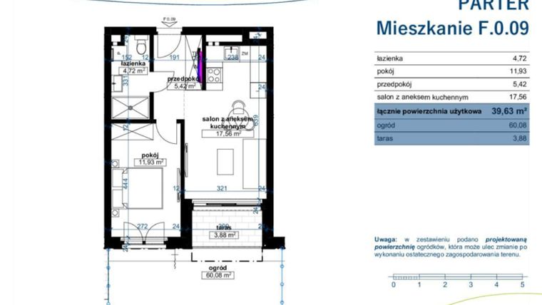 Rzut - Mieszkanie na sprzedaż 2 pokoje o powierzchni 39,63 m² - numer F.0.09 w Wzgórze Poetów 2