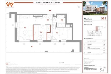 Rzut - Mieszkanie na sprzedaż 3 pokoje o powierzchni 43,6 m² - numer M1 w Warszawskie Wzgórze