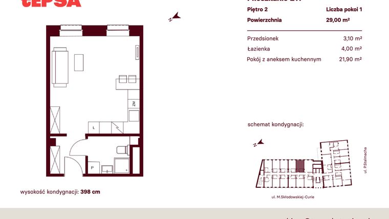 Rzut - Mieszkanie na sprzedaż 1 pokój o powierzchni 29 m² - numer M211 w Tepsa Kato