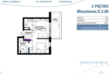Rzut - Mieszkanie na sprzedaż 1 pokój o powierzchni 32,14 m² - numer E.2.08 w Wzgórze Poetów 2
