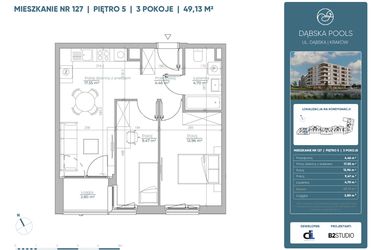 Rzut - Mieszkanie na sprzedaż 3 pokoje o powierzchni 49,14 m² - numer 127 w Dąbska Pools