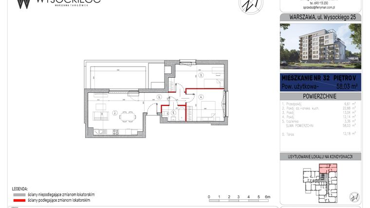 Rzut - Mieszkanie na sprzedaż 3 pokoje o powierzchni 58,03 m² - numer 32 w Wysockiego 25
