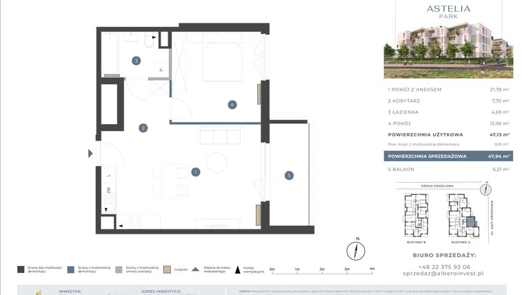Rzut - Mieszkanie na sprzedaż 2 pokoje o powierzchni 47,13 m² - numer 1A.1A.22 w Astelia Park etap 1A i 3