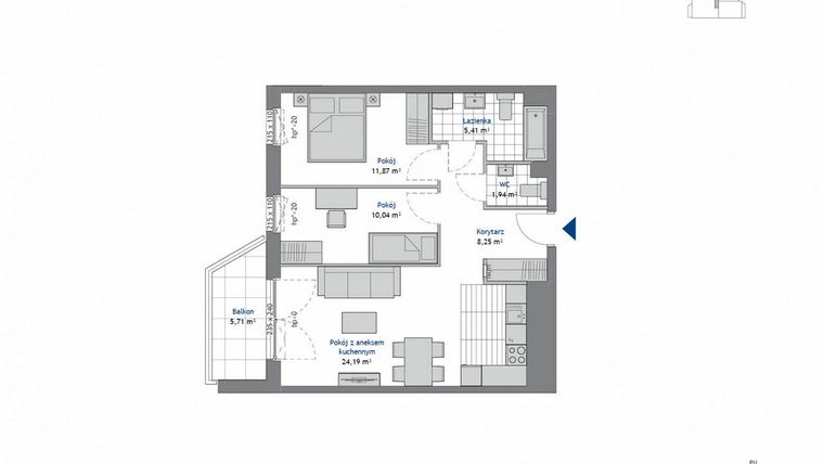 Rzut - Mieszkanie na sprzedaż 3 pokoje o powierzchni 61,7 m² - numer 3.2 w SEAHall