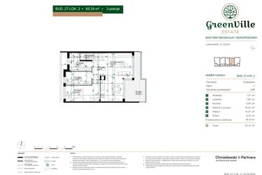 Rzut - Mieszkanie na sprzedaż 3 pokoje o powierzchni 69,34 m² - numer 27.2 w Green Ville
