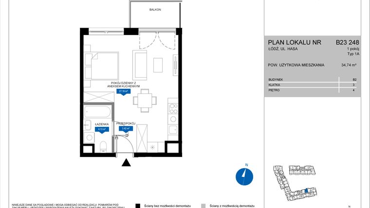Rzut - Mieszkanie na sprzedaż 1 pokój o powierzchni 34,74 m² - numer B23 248 w Flow - bud. B2 A i bud. B2 B