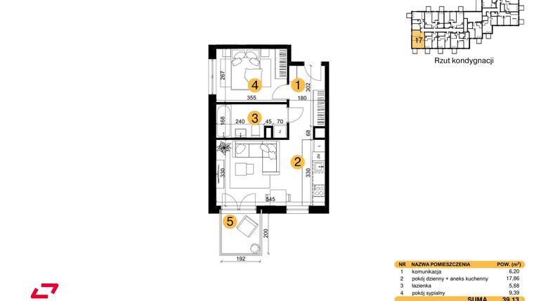 Rzut - Mieszkanie na sprzedaż 2 pokoje o powierzchni 39,13 m² - numer M17 w Punkt Wola