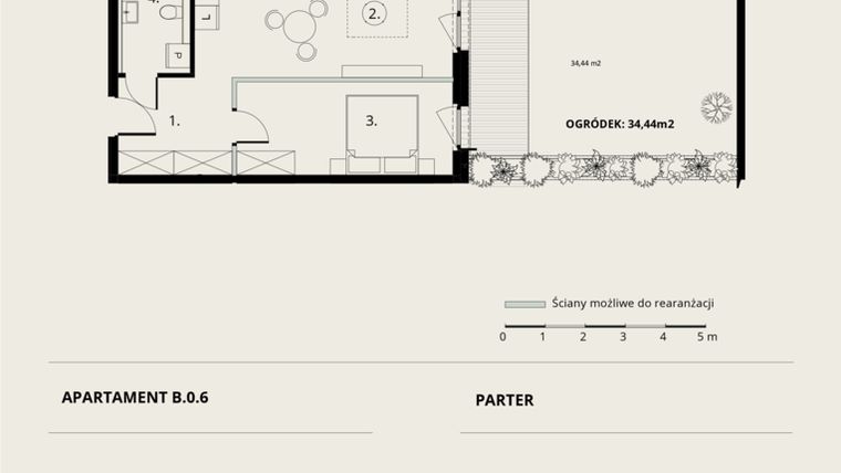 Rzut - Mieszkanie na sprzedaż 2 pokoje o powierzchni 45,23 m² - numer B/0/6 w Ogrodowa 12