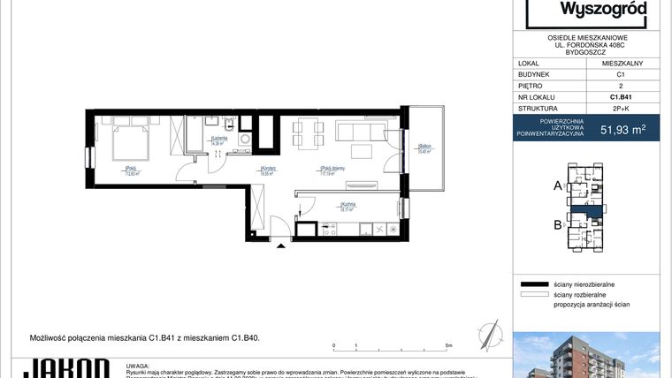 Rzut - Mieszkanie na sprzedaż 2 pokoje o powierzchni 51,93 m² - numer C1.B41 w Nowy Wyszogród etap II