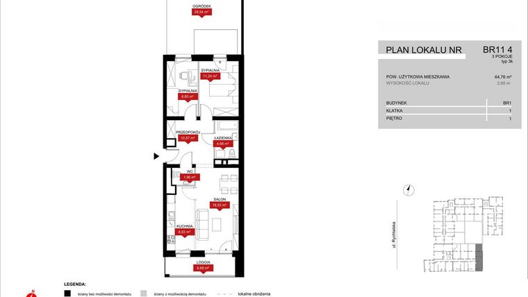 Rzut - Mieszkanie na sprzedaż 3 pokoje o powierzchni 64,76 m² - numer BR11/4 w Browary Wrocławskie 2