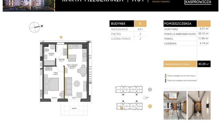 Rzut - Mieszkanie na sprzedaż 2 pokoje o powierzchni 40,28 m² - numer A.51 w Osiedle Kasprowicza