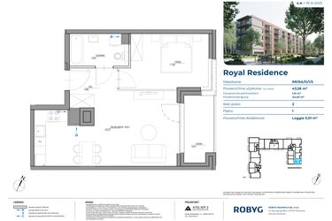 Rzut - Mieszkanie na sprzedaż 2 pokoje o powierzchni 43,26 m² - numer RR/6A/D/1/5 w Royal Residence 6A