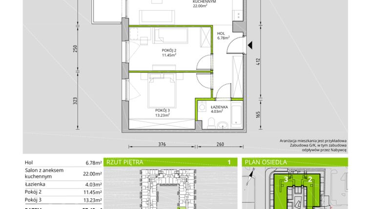 Rzut - Mieszkanie na sprzedaż 3 pokoje o powierzchni 57,49 m² - numer 1/1/02 w Toruńska Vita