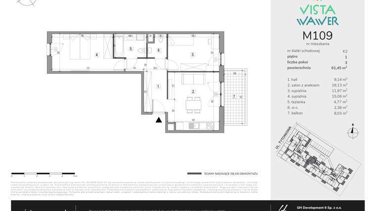 Rzut - Mieszkanie na sprzedaż 3 pokoje o powierzchni 61,45 m² - numer M109 w Vista Wawer
