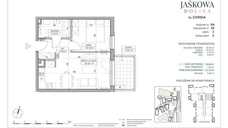 Rzut - Mieszkanie na sprzedaż 2 pokoje o powierzchni 41,15 m² - numer 6.A.26 w Villa Jaśkowa Dolina etap II