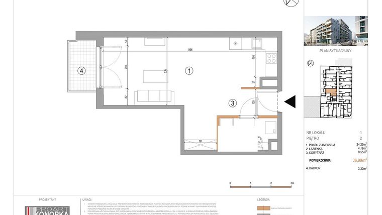 Rzut - Mieszkanie na sprzedaż 1 pokój o powierzchni 36,99 m² - numer A2/1 w 5th Avenue Apartments