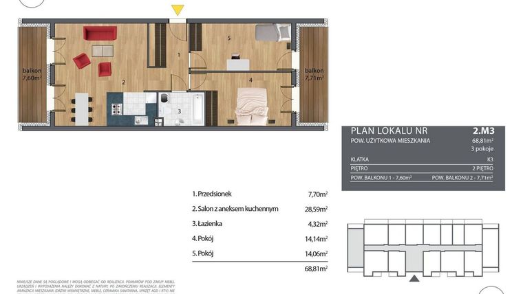 Rzut - Mieszkanie na sprzedaż 3 pokoje o powierzchni 69,23 m² - numer K3.2.M3 w Nyska Residence