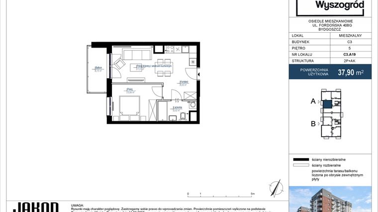 Rzut - Mieszkanie na sprzedaż 2 pokoje o powierzchni 37,9 m² - numer C3.A19 w Nowy Wyszogród etap III