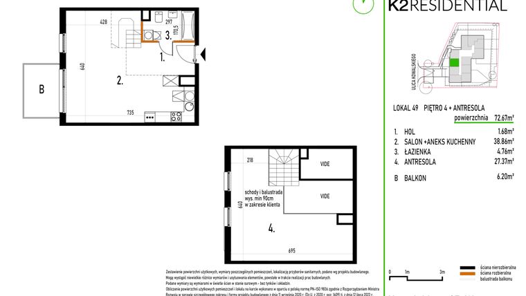 Rzut - Mieszkanie na sprzedaż 1 pokój o powierzchni 72,67 m² - numer 49 w Kowalskiego 37