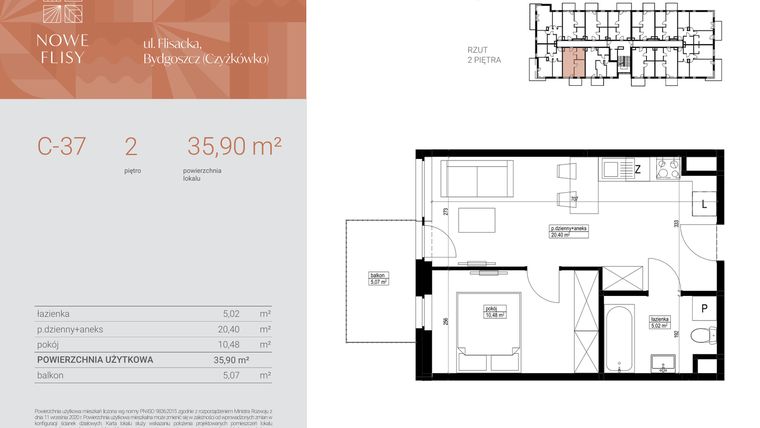 Rzut - Mieszkanie na sprzedaż 2 pokoje o powierzchni 35,9 m² - numer M37_NF.c w Nowe Flisy II