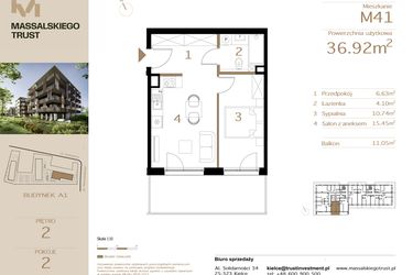 Rzut - Mieszkanie na sprzedaż 2 pokoje o powierzchni 36,92 m² - numer M41 w Massalskiego Trust