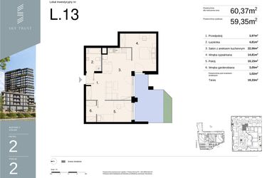 Rzut - Mieszkanie na sprzedaż 2 pokoje o powierzchni 60,37 m² - numer L13 w Sky Trust etap II - Apartamenty inwestycyjne