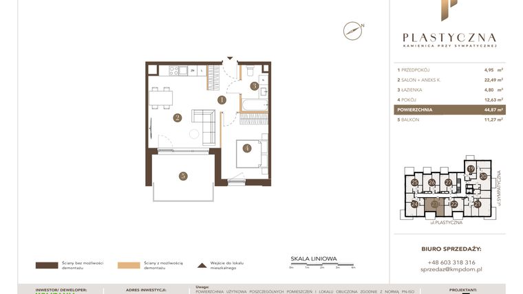 Rzut - Mieszkanie na sprzedaż 2 pokoje o powierzchni 44,87 m² - numer PK-LM-23 w Plastyczna Kamienica przy Sympatycznej