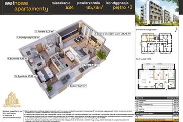 Rzut - Mieszkanie na sprzedaż 3 pokoje o powierzchni 64,13 m² - numer B24 w Osiedle Wełnowe Apartamenty