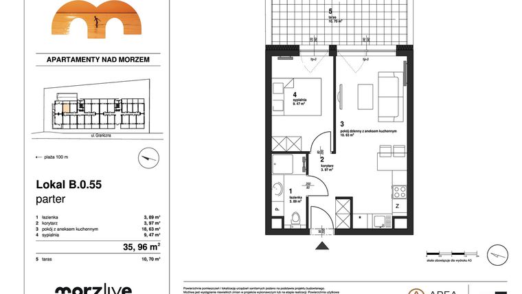 Rzut - Mieszkanie na sprzedaż 2 pokoje o powierzchni 35,96 m² - numer B.0.55 wykończone pod klucz w Morzlive
