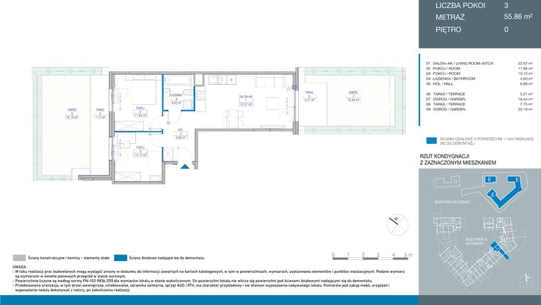 Rzut - Mieszkanie na sprzedaż 3 pokoje o powierzchni 55,88 m² - numer EC0001 w Spokojny Mokotów