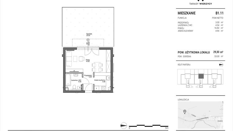Rzut - Mieszkanie na sprzedaż 1 pokój o powierzchni 29,3 m² - numer B1.11 w Tarasy Wierzycy
