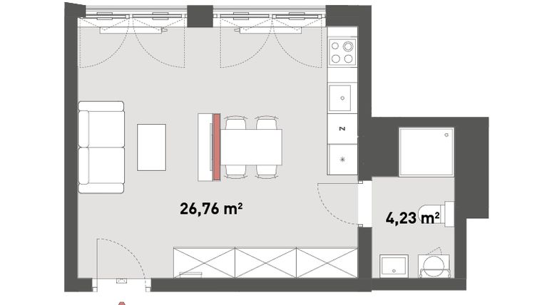 Rzut - Mieszkanie na sprzedaż 1 pokój o powierzchni 30,99 m² - numer A.08.13 w Żelazna 54
