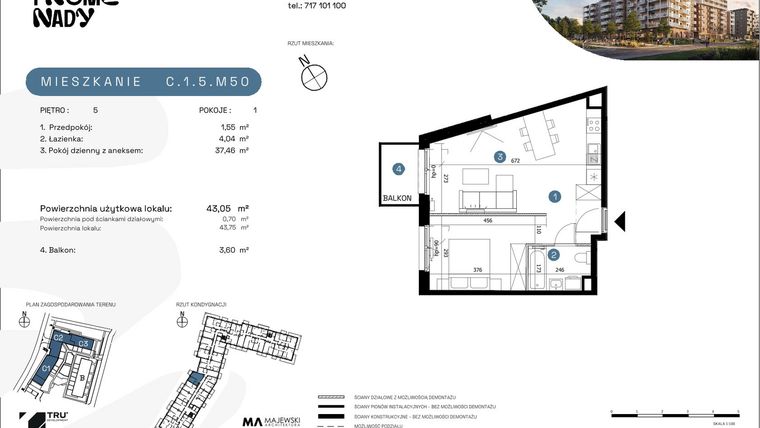 Rzut - Mieszkanie na sprzedaż 1 pokój o powierzchni 43,05 m² - numer C.1.5.M50 w Nowe Promenady etap II