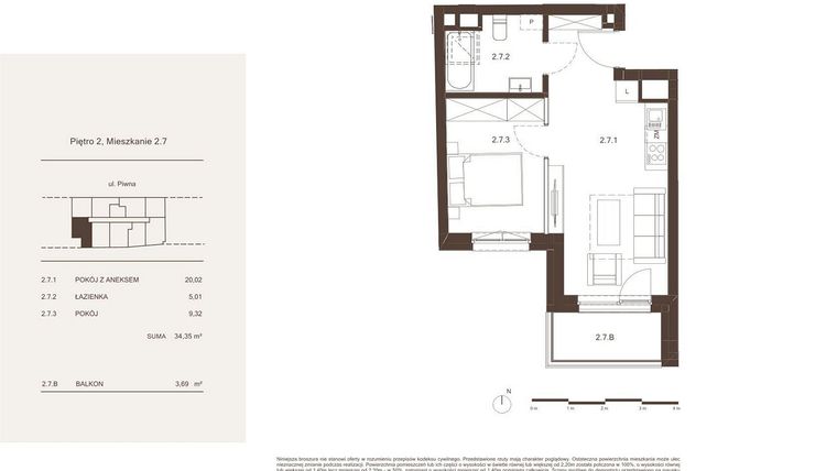 Rzut - Mieszkanie na sprzedaż 2 pokoje o powierzchni 34,35 m² - numer 2.7 w Piwna 21
