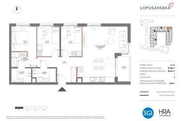 Rzut - Mieszkanie na sprzedaż 4 pokoje o powierzchni 89,08 m² - numer G.1.2 w Łopuszańska 47 - etap 2