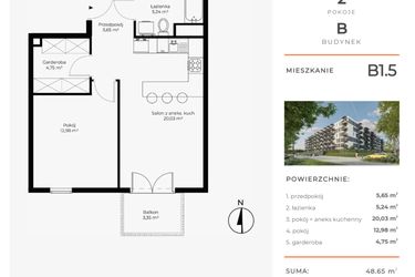 Rzut - Mieszkanie na sprzedaż 2 pokoje o powierzchni 48,65 m² - numer B1.5 w Enklawa Bukowa II