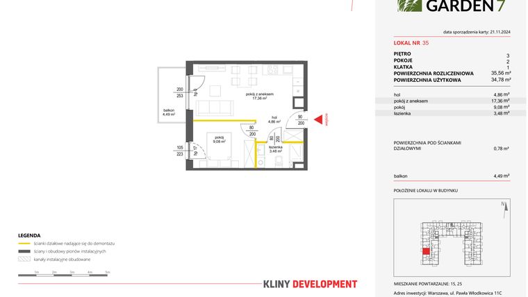 Rzut - Mieszkanie na sprzedaż 2 pokoje o powierzchni 35,56 m² - numer 35 w Nova Viva Garden 7