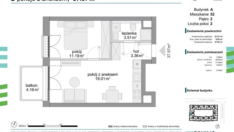 Rzut - Mieszkanie na sprzedaż 2 pokoje o powierzchni 37,07 m² - numer 52 w Osiedle Fokus Ursus
