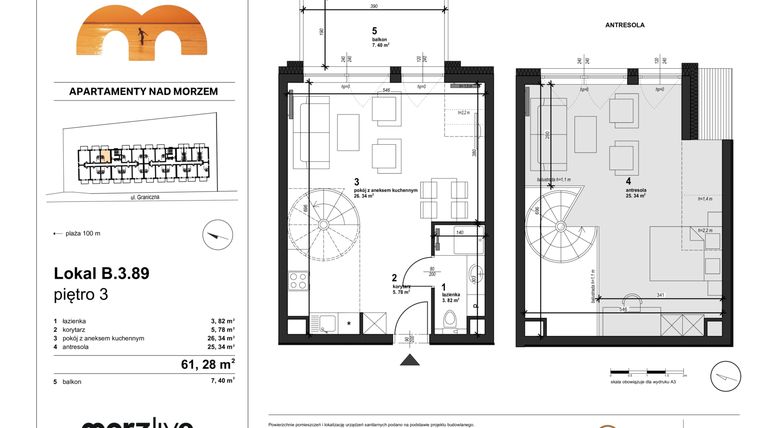 Rzut - Mieszkanie na sprzedaż 1 pokój o powierzchni 35,94 m² - numer B.3.89 w Morzlive