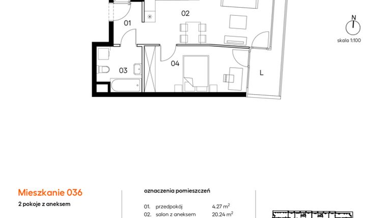 Rzut - Mieszkanie na sprzedaż 2 pokoje o powierzchni 43,57 m² - numer A.A036 w Miasto Polskich Mistrzów Olimpijskich II