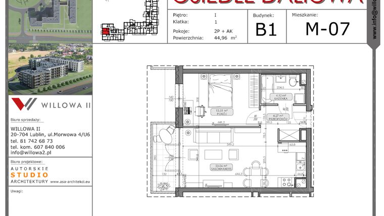 Rzut - Mieszkanie na sprzedaż 2 pokoje o powierzchni 44,96 m² - numer B1.M-07 w Daliowa